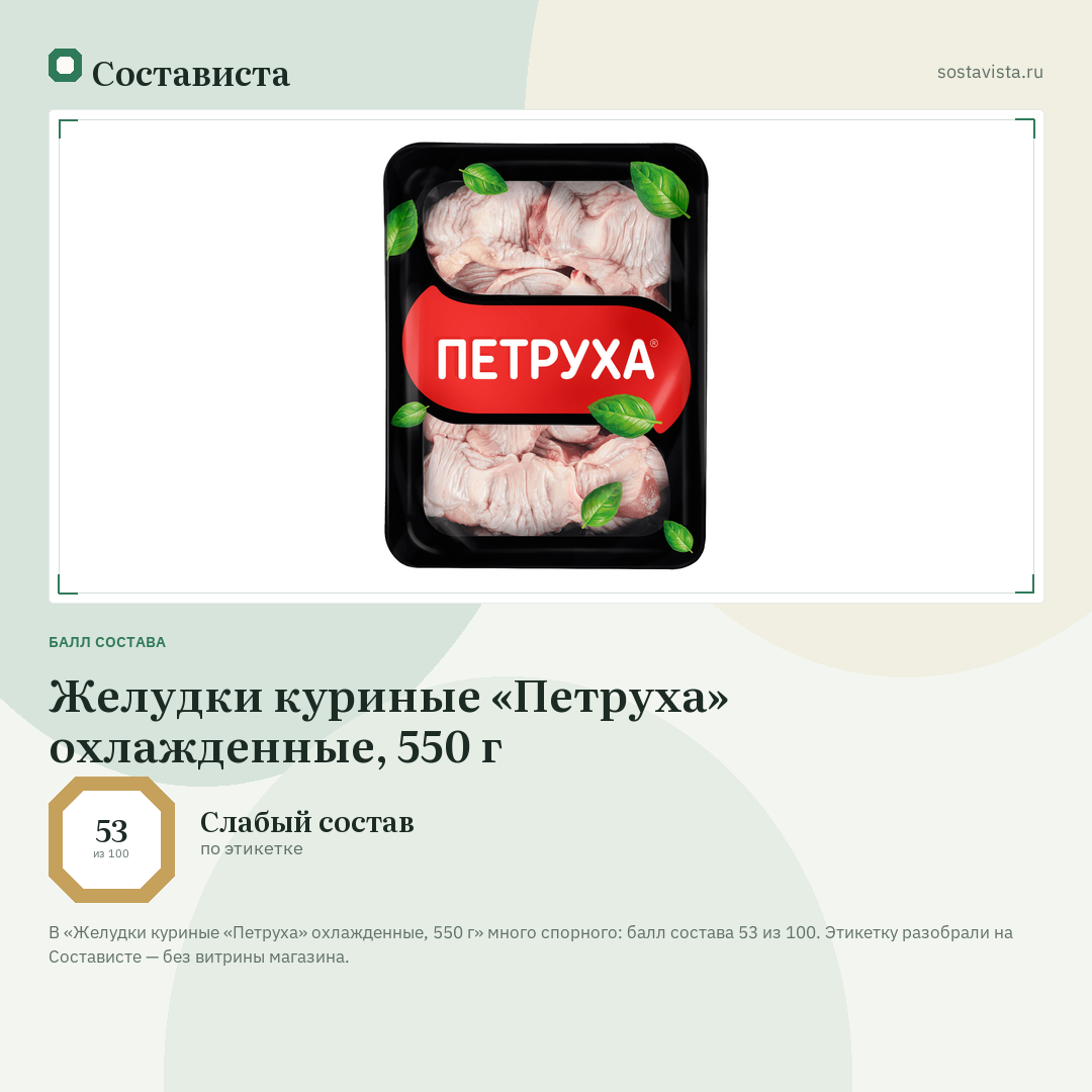 Желудки куриные «Петруха» охлажденные, 550 г: балл состава 53 из 100 — Состависта