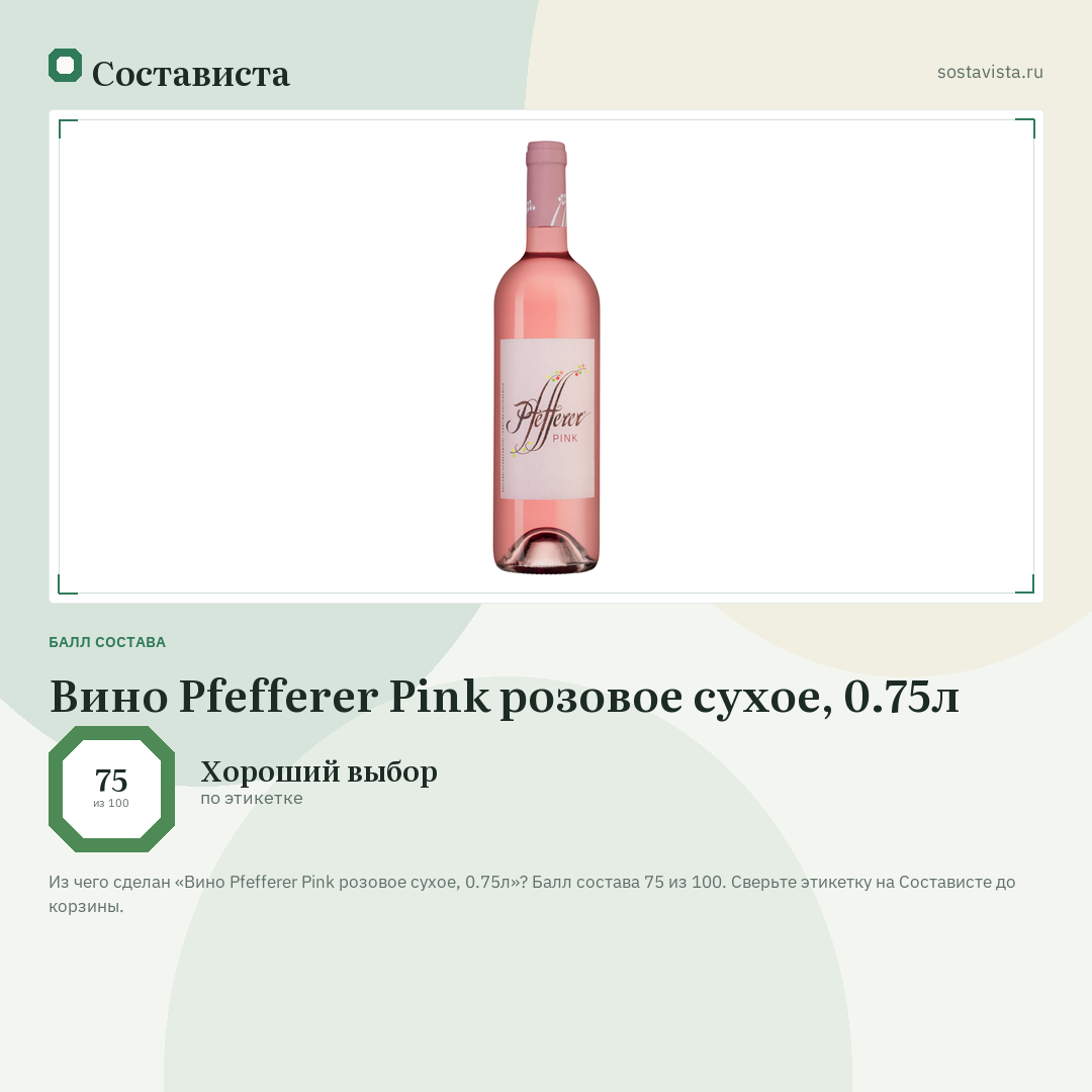 Вино Pfefferer Pink розовое сухое, 0.75л: балл состава 75 из 100 — Состависта