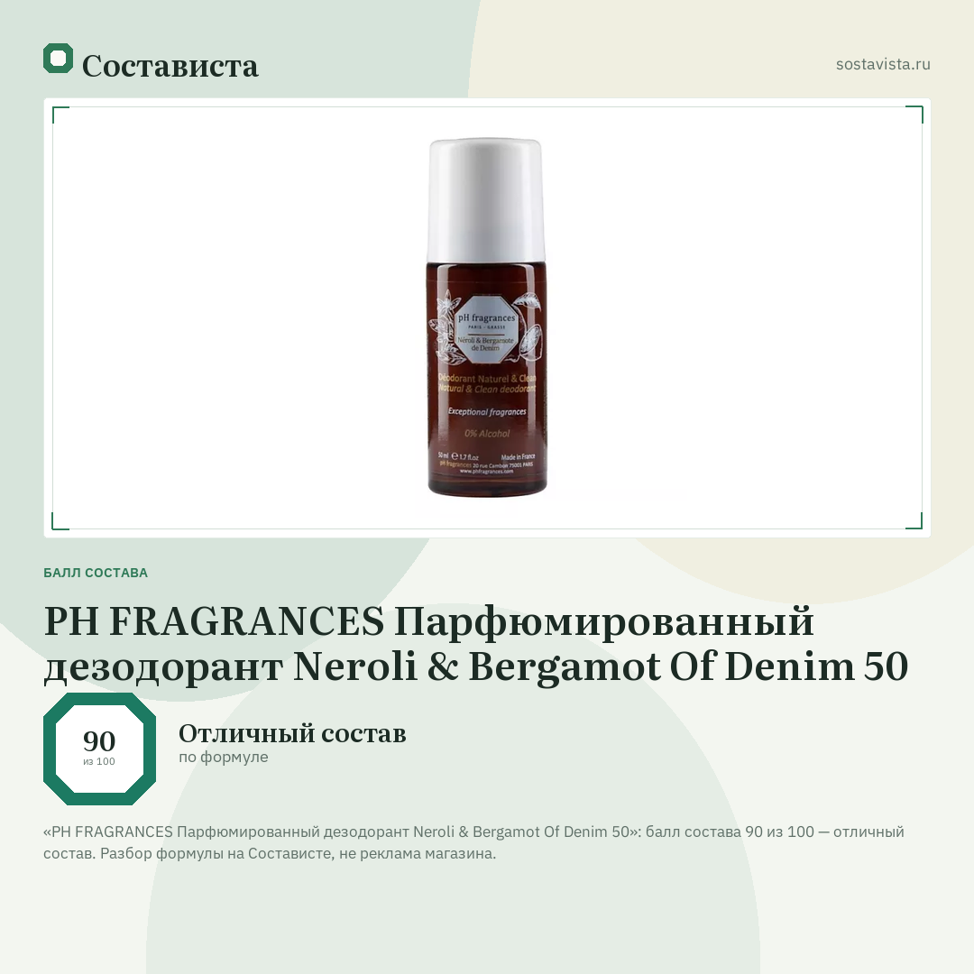 PH FRAGRANCES Парфюмированный дезодорант Neroli & Bergamot Of Denim 50: балл состава 90 из 100 — Состависта
