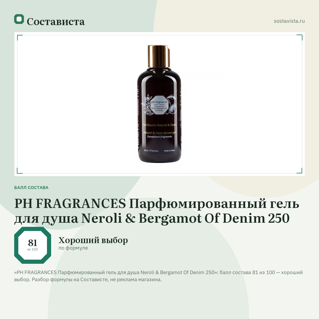 PH FRAGRANCES Парфюмированный гель для душа Neroli & Bergamot Of Denim 250: балл состава 81 из 100 — Состависта