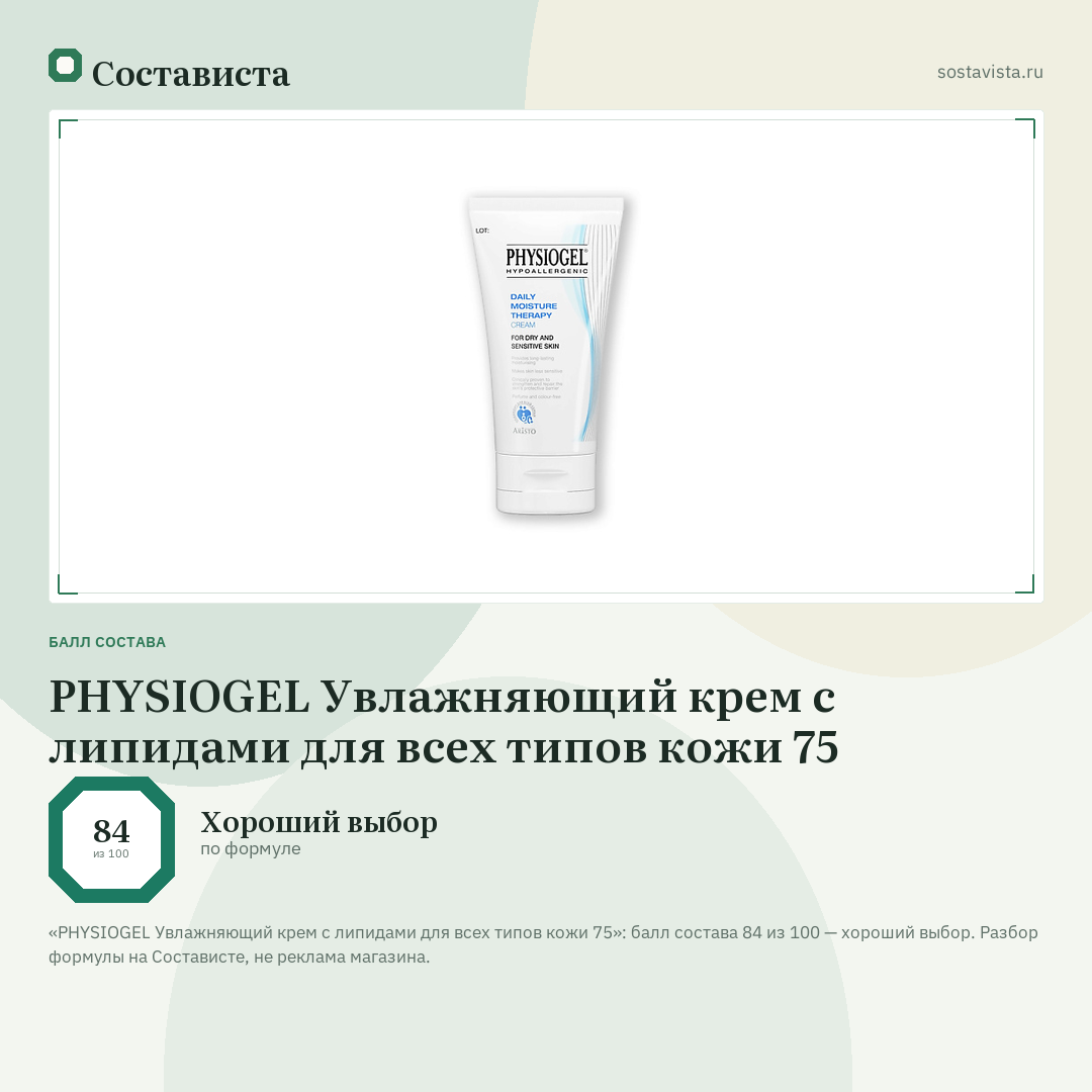 PHYSIOGEL Увлажняющий крем с липидами для всех типов кожи 75: балл состава 84 из 100 — Состависта