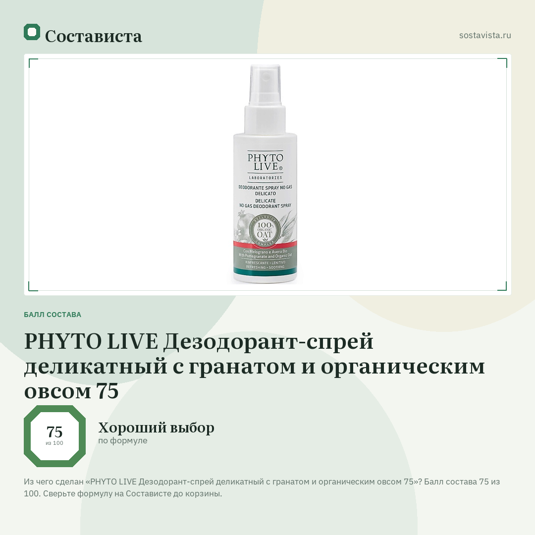 PHYTO LIVE Дезодорант-спрей деликатный с гранатом и органическим овсом 75: балл состава 75 из 100 — Состависта