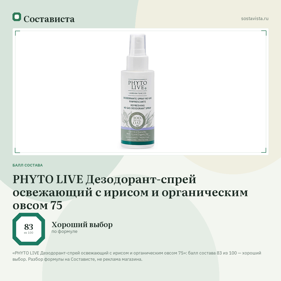 PHYTO LIVE Дезодорант-спрей освежающий с ирисом и органическим овсом 75: балл состава 83 из 100 — Состависта