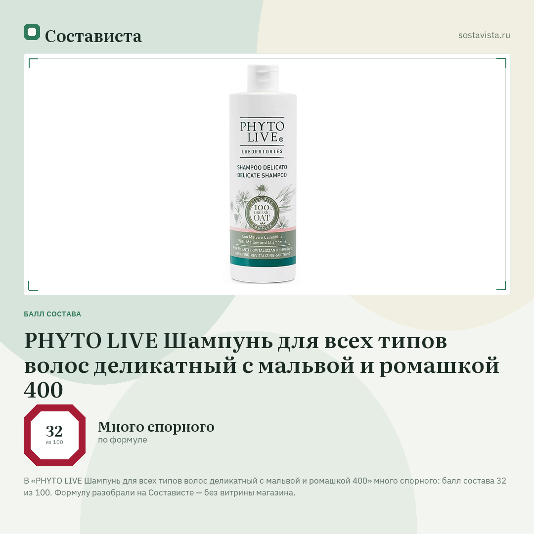 PHYTO LIVE Шампунь для всех типов волос деликатный с мальвой и ромашкой 400: балл состава 32 из 100 — Состависта