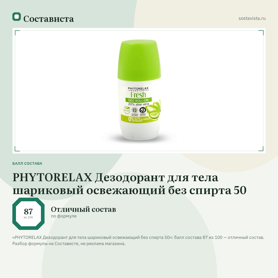 PHYTORELAX Дезодорант для тела шариковый освежающий без спирта 50: балл состава 87 из 100 — Состависта