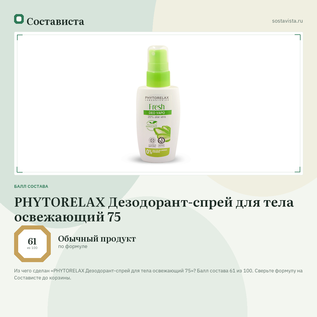 PHYTORELAX Дезодорант-спрей для тела освежающий 75: балл состава 61 из 100 — Состависта