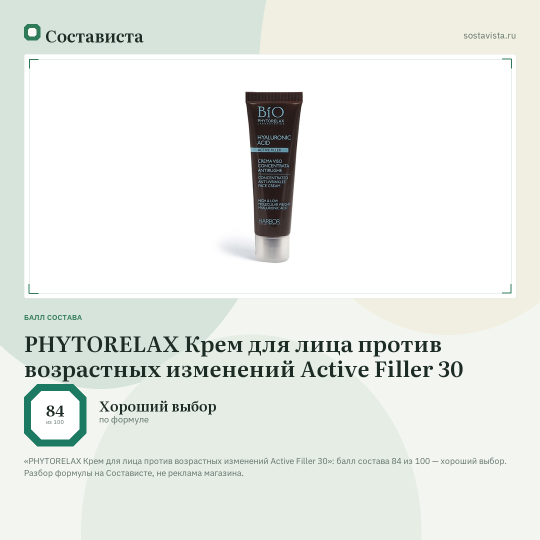 PHYTORELAX Крем для лица против возрастных изменений Active Filler 30: балл состава 84 из 100 — Состависта