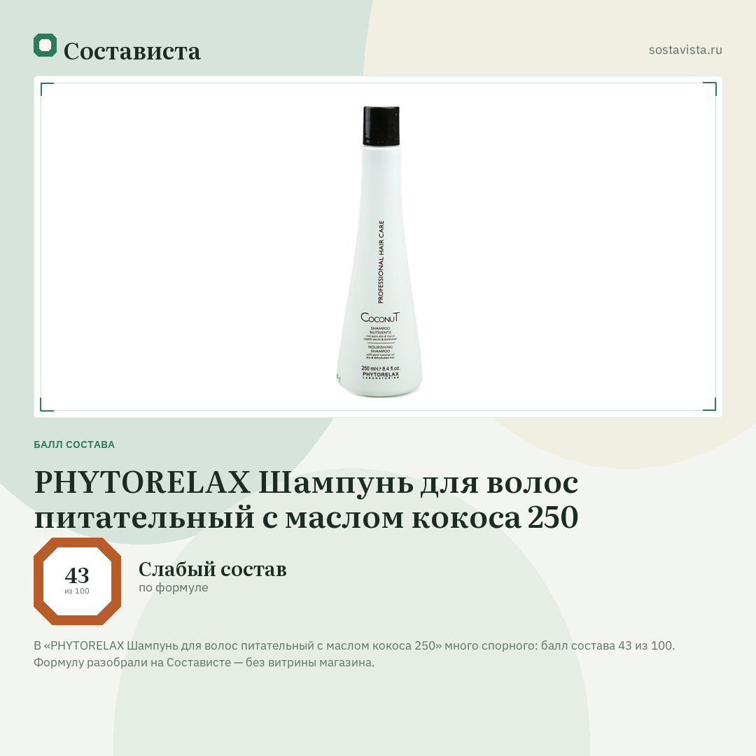 PHYTORELAX Шампунь для волос питательный с маслом кокоса 250: балл состава 43 из 100 — Состависта