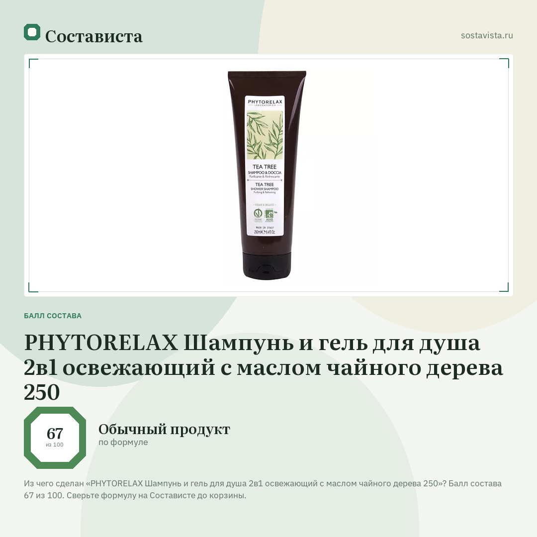 PHYTORELAX Шампунь и гель для душа 2в1 освежающий с маслом чайного дерева 250: балл состава 67 из 100 — Состависта