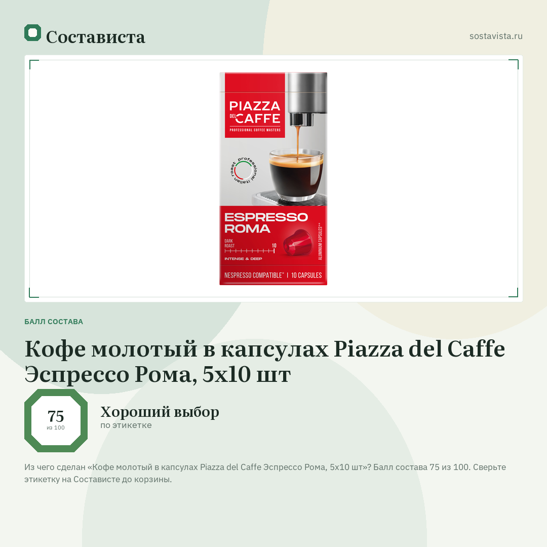 Кофе молотый в капсулах Piazza del Caffe Эспрессо Рома, 5х10 шт: балл состава 75 из 100 — Состависта