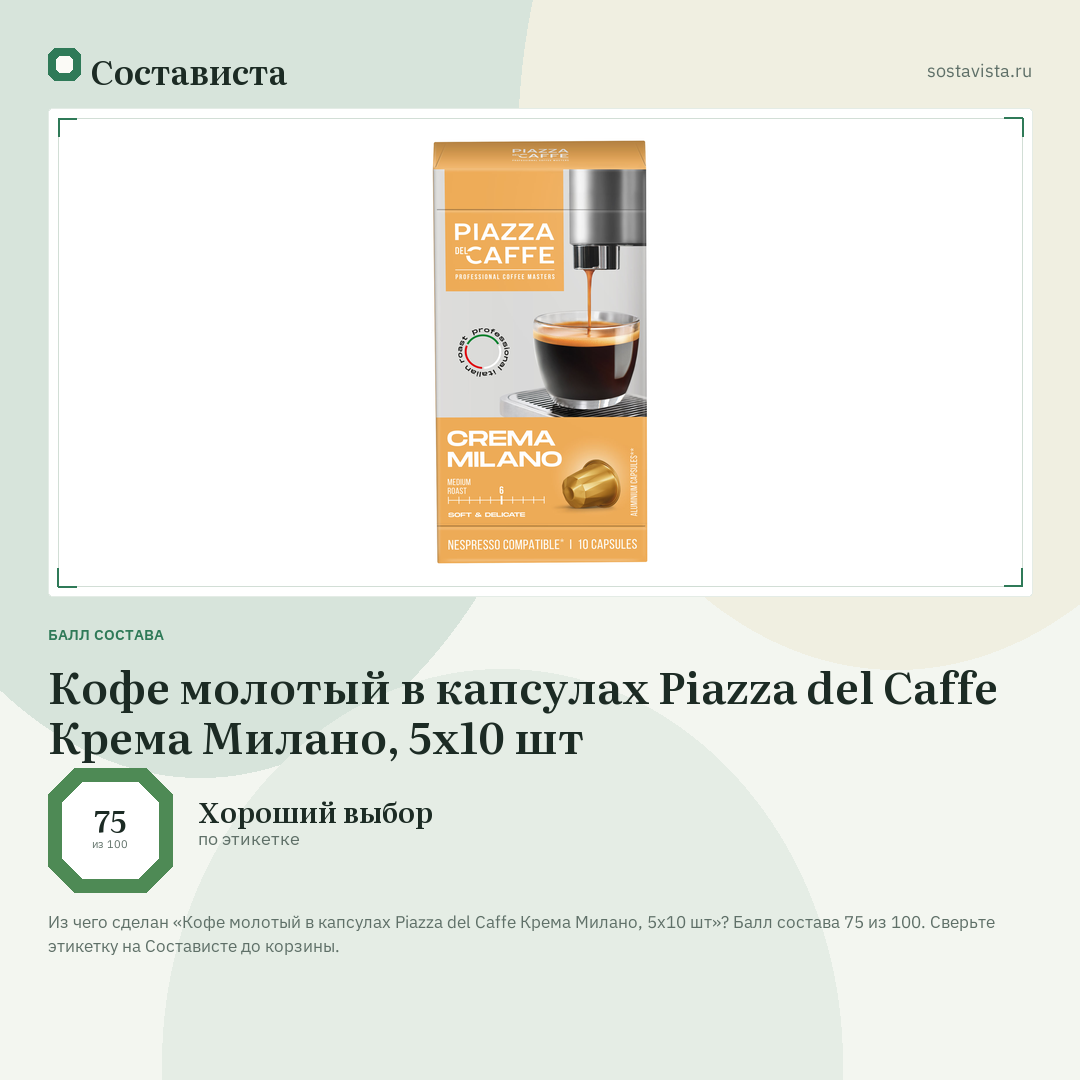 Кофе молотый в капсулах Piazza del Caffe Крема Милано, 5х10 шт: балл состава 75 из 100 — Состависта