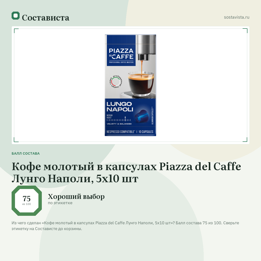Кофе молотый в капсулах Piazza del Caffe Лунго Наполи, 5х10 шт: балл состава 75 из 100 — Состависта