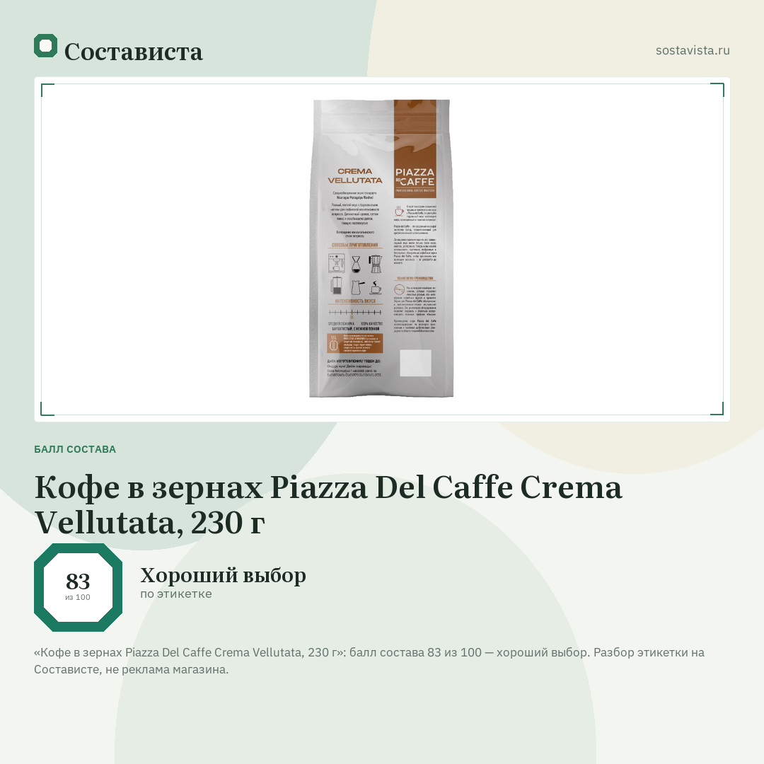 Кофе в зернах Piazza Del Caffe Crema Vellutata, 230 г: балл состава 83 из 100 — Состависта
