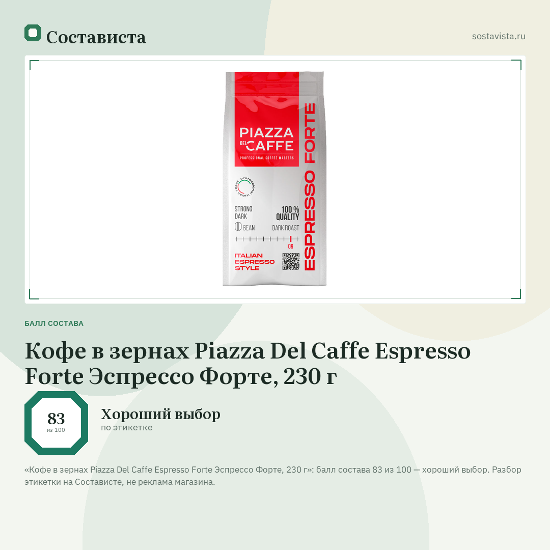 Кофе в зернах Piazza Del Caffe Espresso Forte Эспрессо Форте, 230 г: балл состава 83 из 100 — Состависта