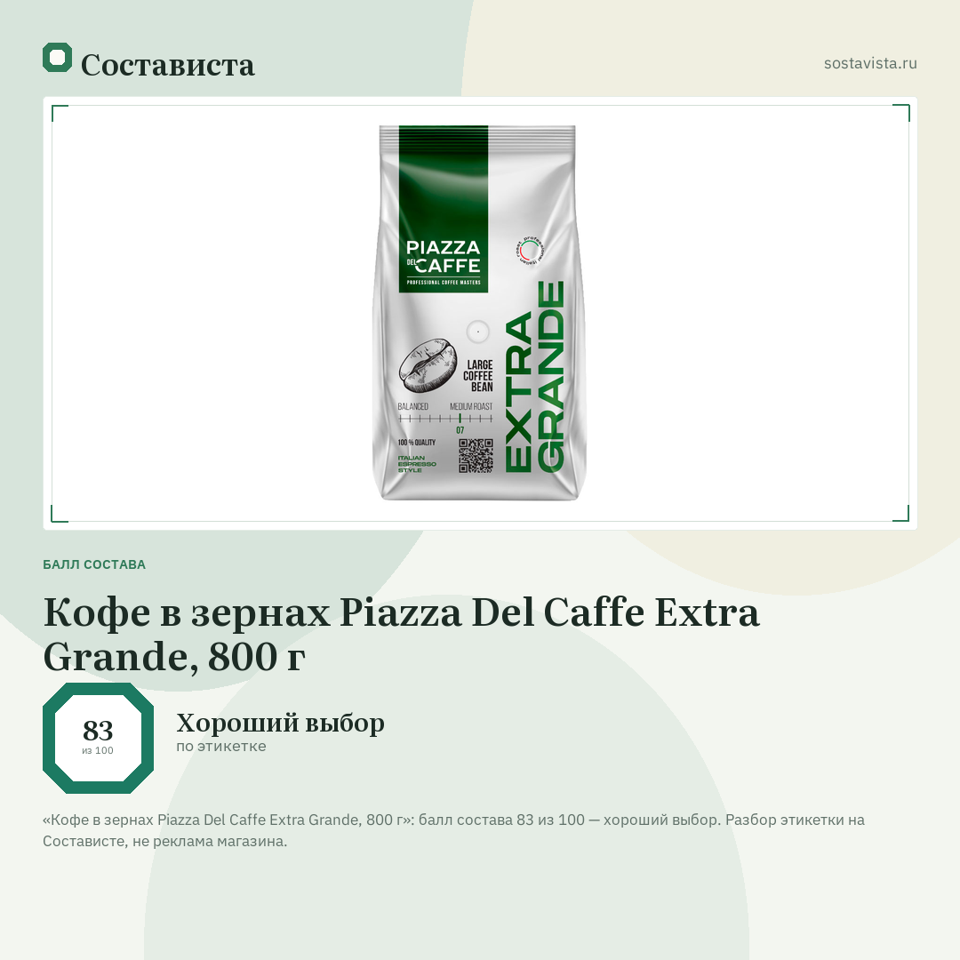 Кофе в зернах Piazza Del Caffe Extra Grande, 800 г: балл состава 83 из 100 — Состависта
