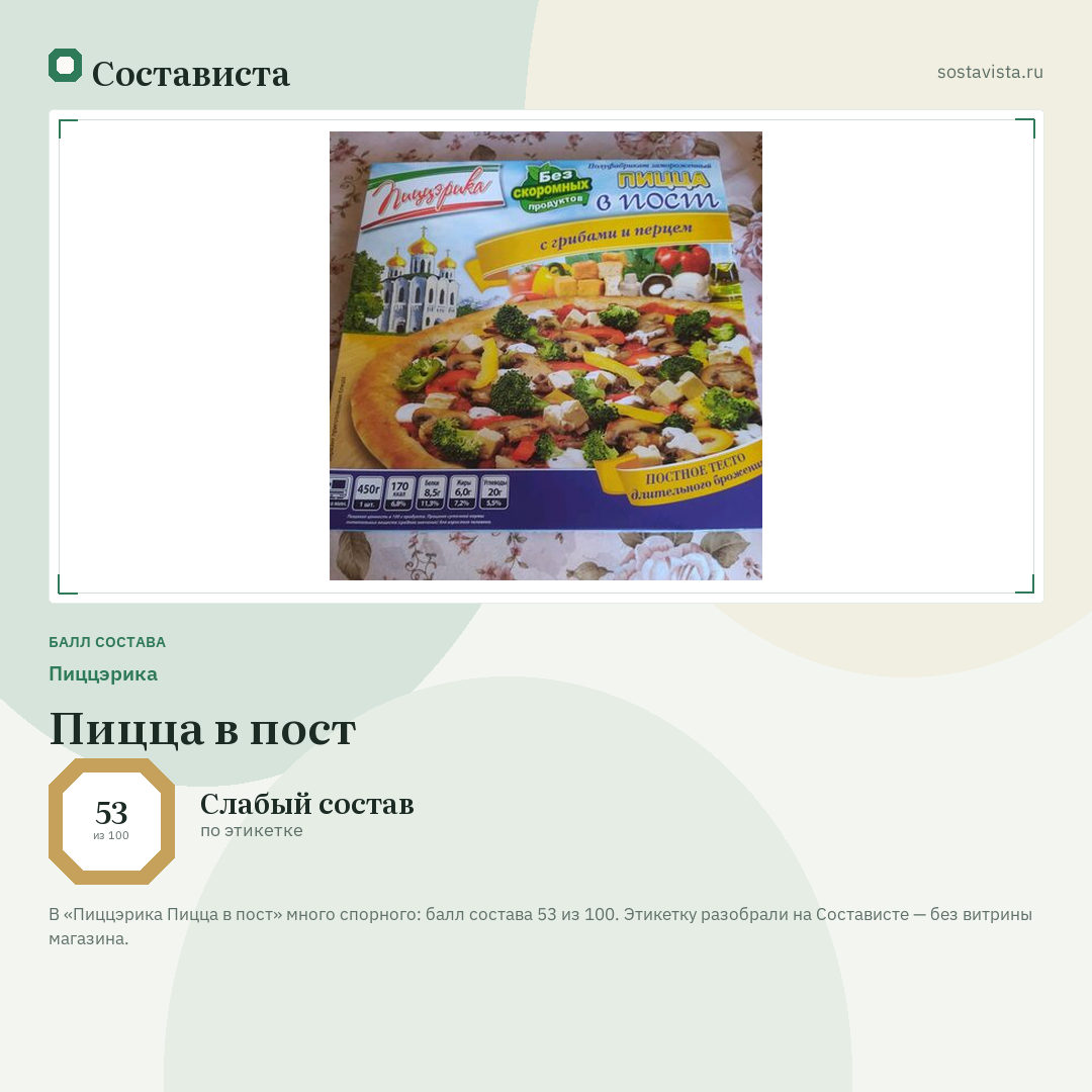 Пиццэрика Пицца в пост: балл состава 53 из 100 — Состависта