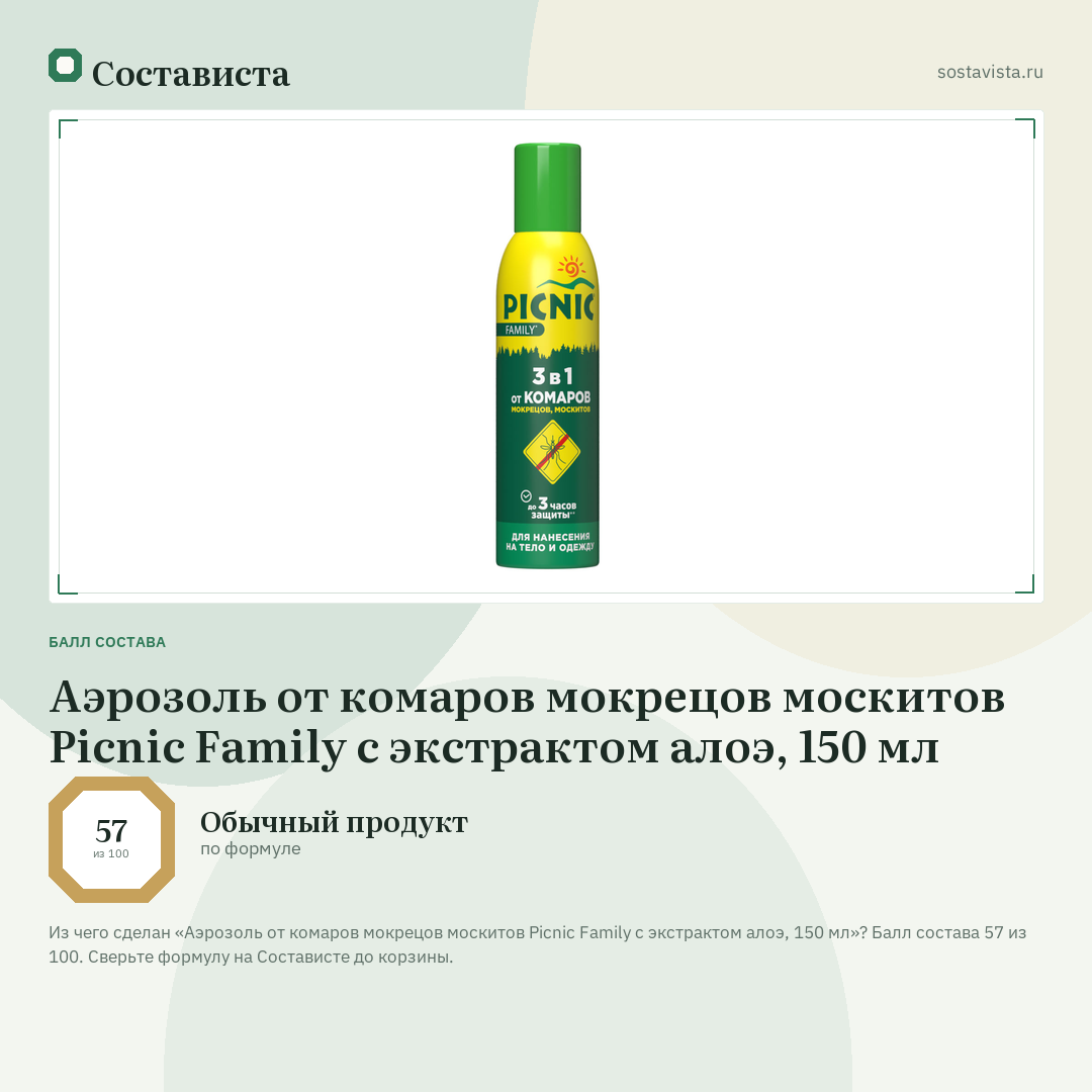 Аэрозоль от комаров мокрецов москитов Picnic Family с экстрактом алоэ, 150 мл: балл состава 57 из 100 — Состависта