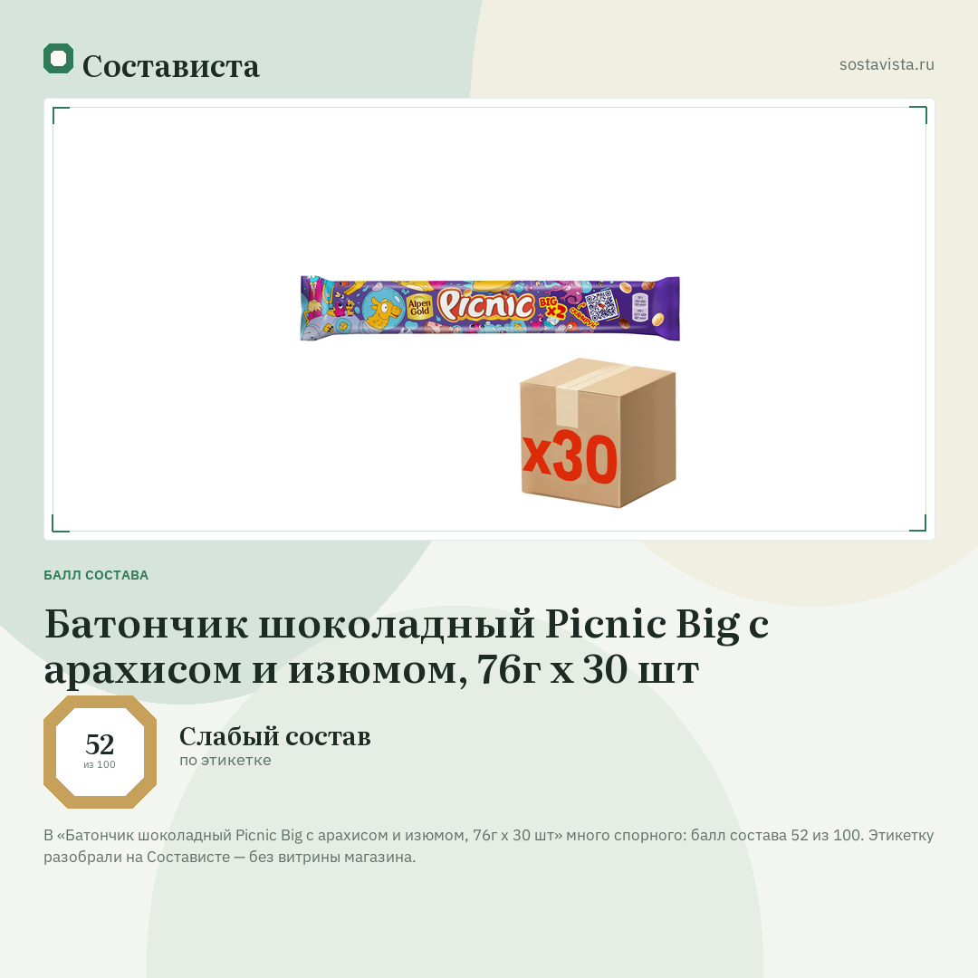 Батончик шоколадный Picnic Big с арахисом и изюмом, 76г x 30 шт: балл состава 52 из 100 — Состависта