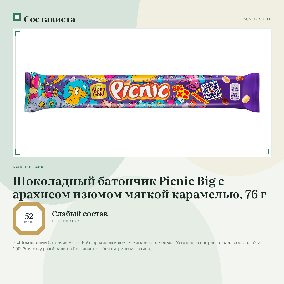Шоколадный батончик Picnic Big c арахисом изюмом мягкой карамелью, 76 г: балл состава 52 из 100 — Состависта