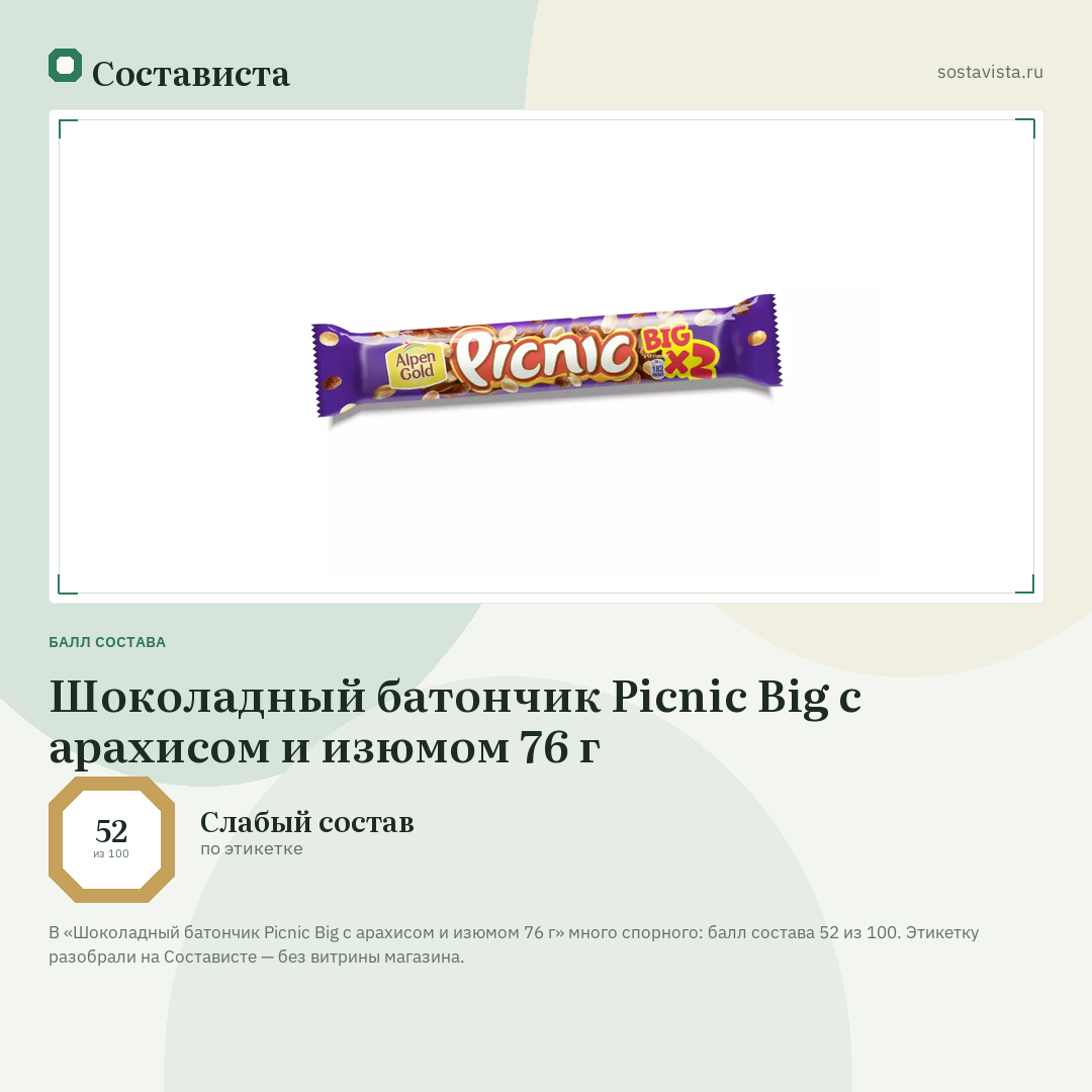 Шоколадный батончик Picnic Big с арахисом и изюмом 76 г: балл состава 52 из 100 — Состависта