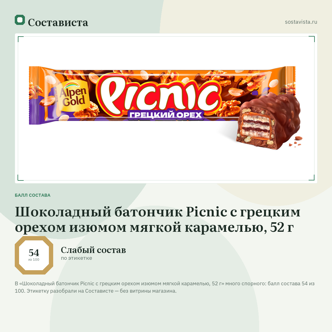 Шоколадный батончик Picnic c грецким орехом изюмом мягкой карамелью, 52 г: балл состава 54 из 100 — Состависта