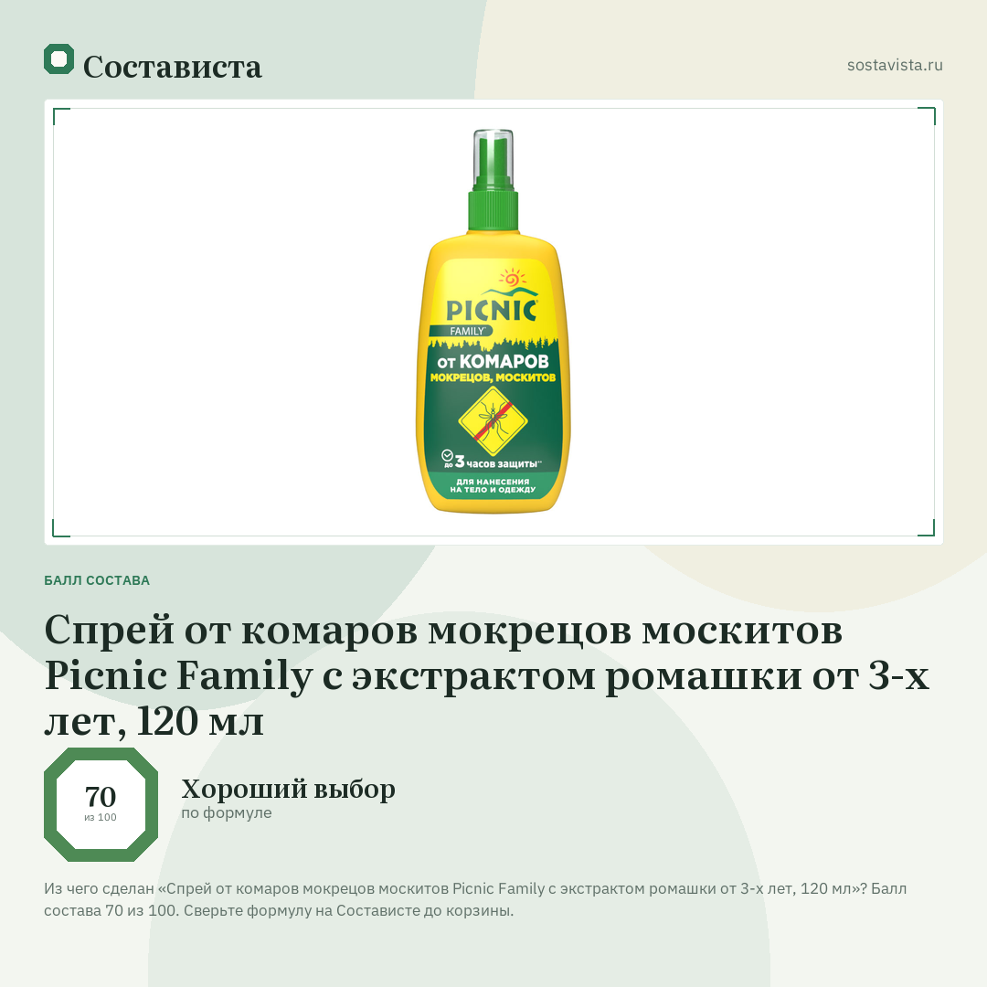 Спрей от комаров мокрецов москитов Picnic Family с экстрактом ромашки от 3-х лет, 120 мл: балл состава 70 из 100 — Состависта