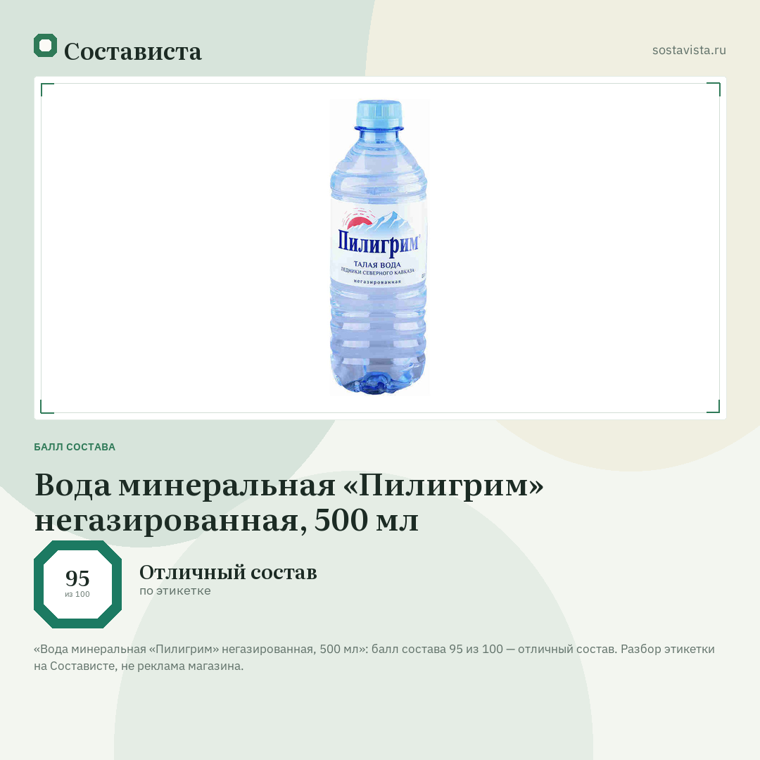 Вода минеральная «Пилигрим» негазированная, 500 мл: балл состава 95 из 100 — Состависта