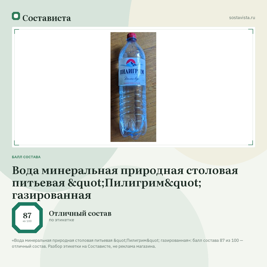 Вода минеральная природная столовая питьевая "Пилигрим" газированная: балл состава 87 из 100 — Состависта