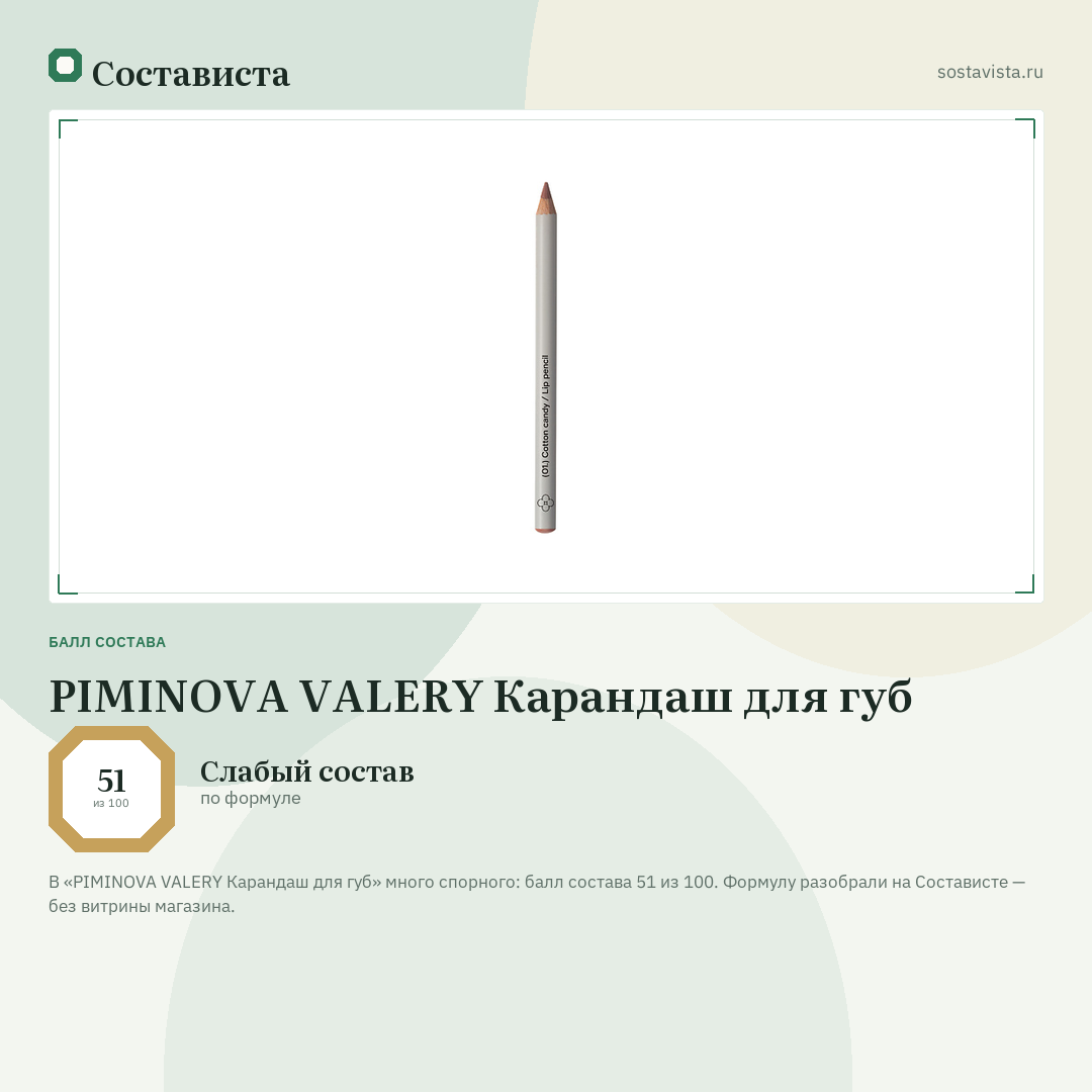 PIMINOVA VALERY Карандаш для губ: балл состава 51 из 100 — Состависта