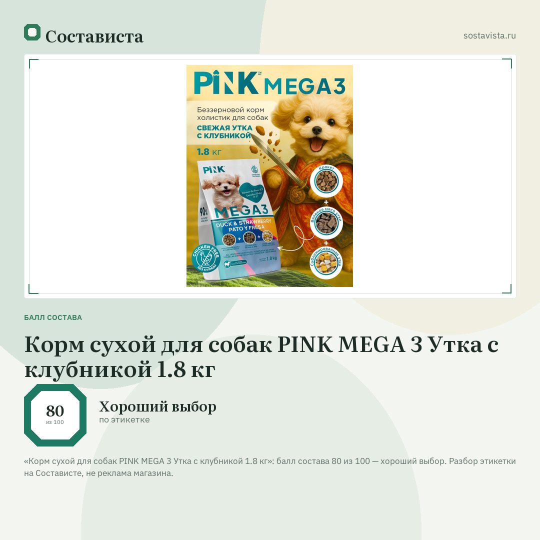 Корм сухой для собак PINK MEGA 3 Утка с клубникой 1.8 кг: балл состава 80 из 100 — Состависта