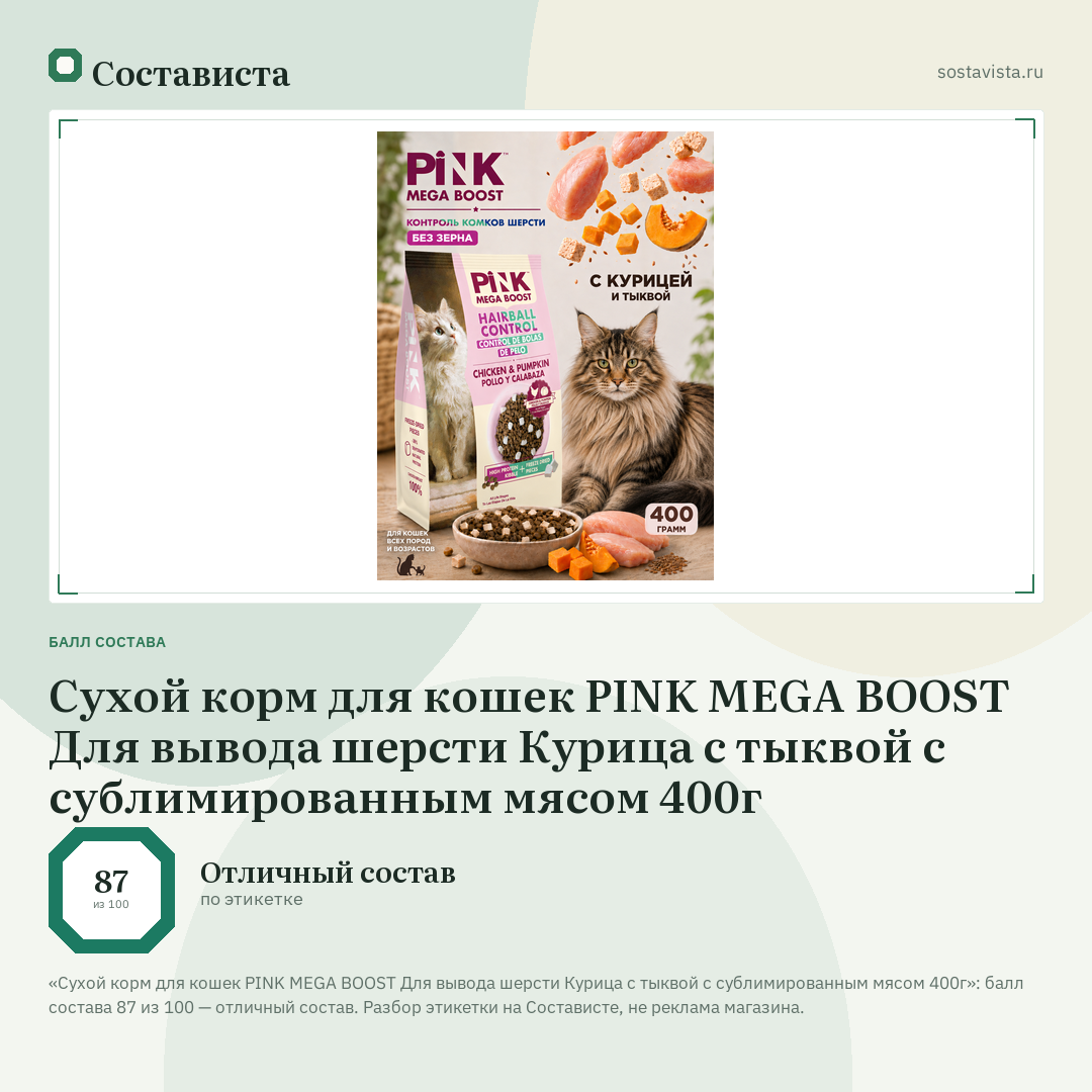 Сухой корм для кошек PINK MEGA BOOST Для вывода шерсти Курица с тыквой с сублимированным мясом 400г: балл состава 87 из 100 — Состависта