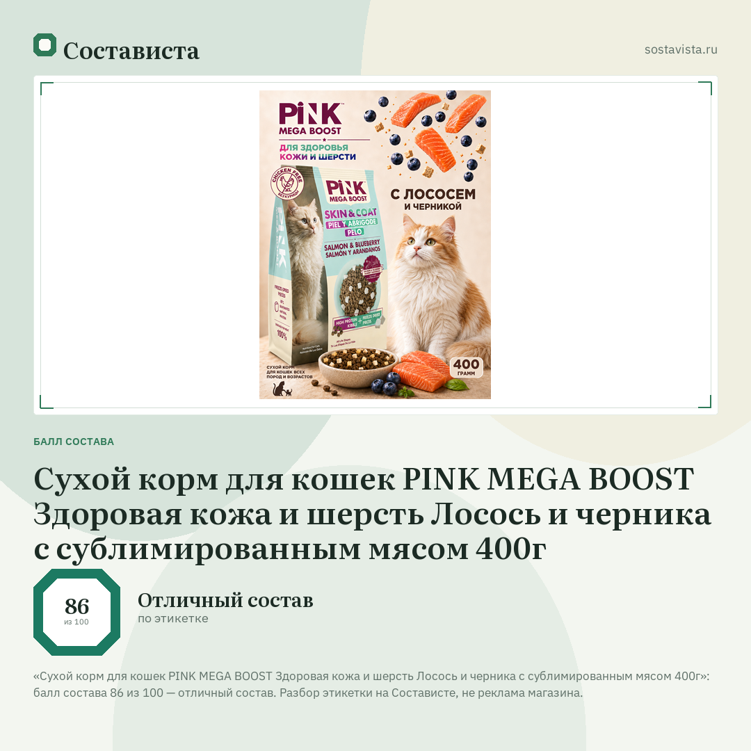 Сухой корм для кошек PINK MEGA BOOST Здоровая кожа и шерсть Лосось и черника с сублимированным мясом 400г: балл состава 86 из 100 — Состависта