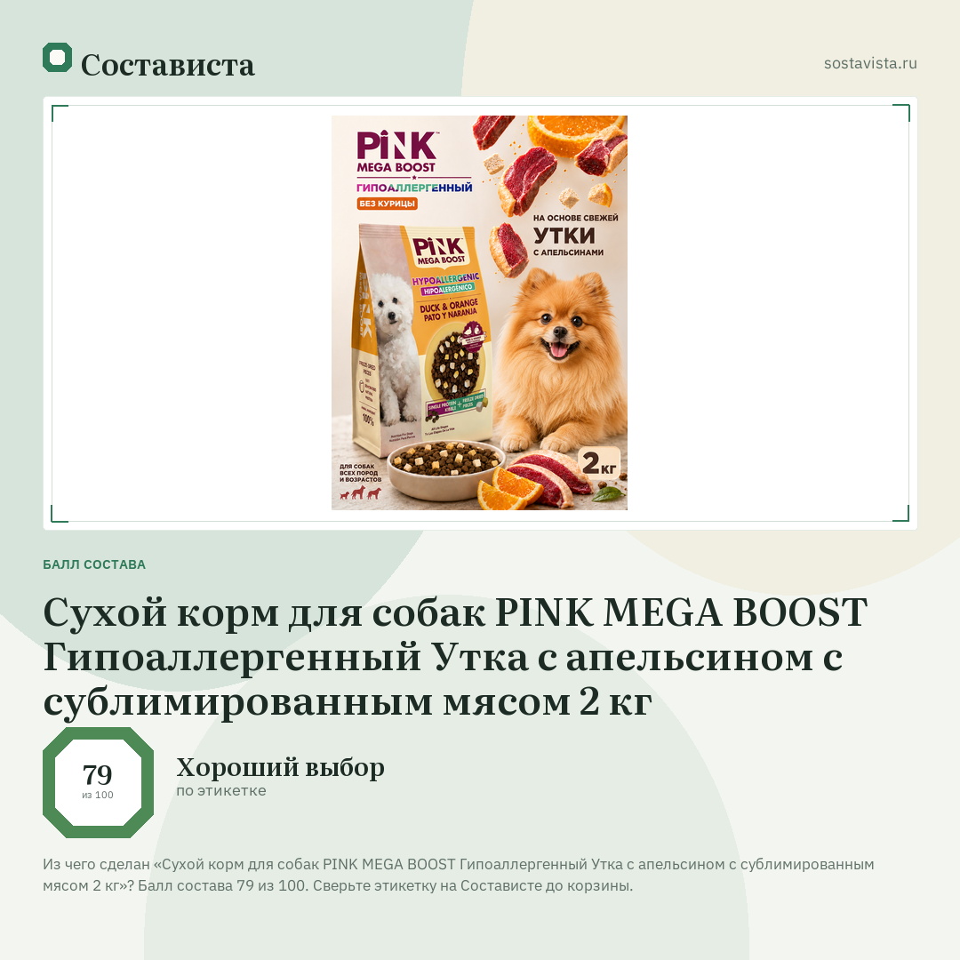 Сухой корм для собак PINK MEGA BOOST Гипоаллергенный Утка с апельсином с сублимированным мясом 2 кг: балл состава 79 из 100 — Состависта