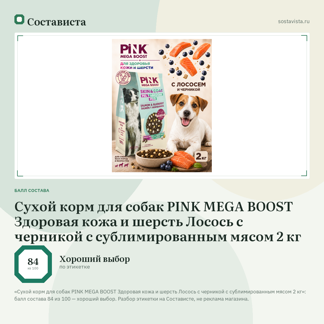 Сухой корм для собак PINK MEGA BOOST Здоровая кожа и шерсть Лосось с черникой с сублимированным мясом 2 кг: балл состава 84 из 100 — Состависта