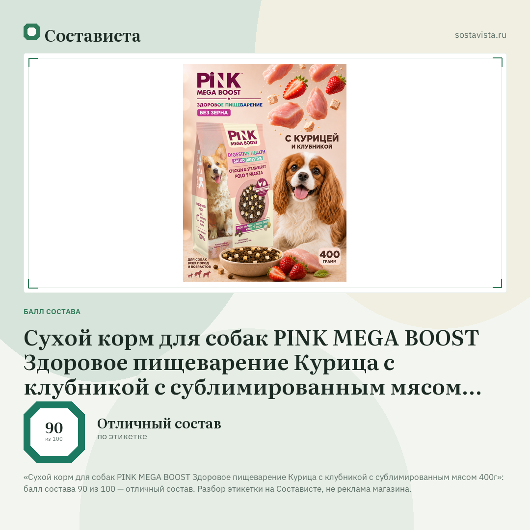 Сухой корм для собак PINK MEGA BOOST Здоровое пищеварение Курица с клубникой с сублимированным мясом 400г: балл состава 90 из 100 — Состависта