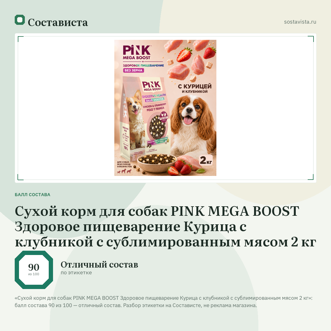 Сухой корм для собак PINK MEGA BOOST Здоровое пищеварение Курица с клубникой с сублимированным мясом 2 кг: балл состава 90 из 100 — Состависта