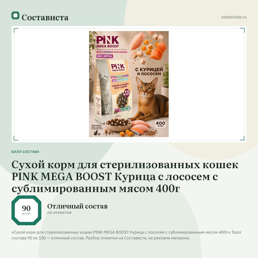 Сухой корм для стерилизованных кошек PINK MEGA BOOST Курица с лососем с сублимированным мясом 400г: балл состава 90 из 100 — Состависта