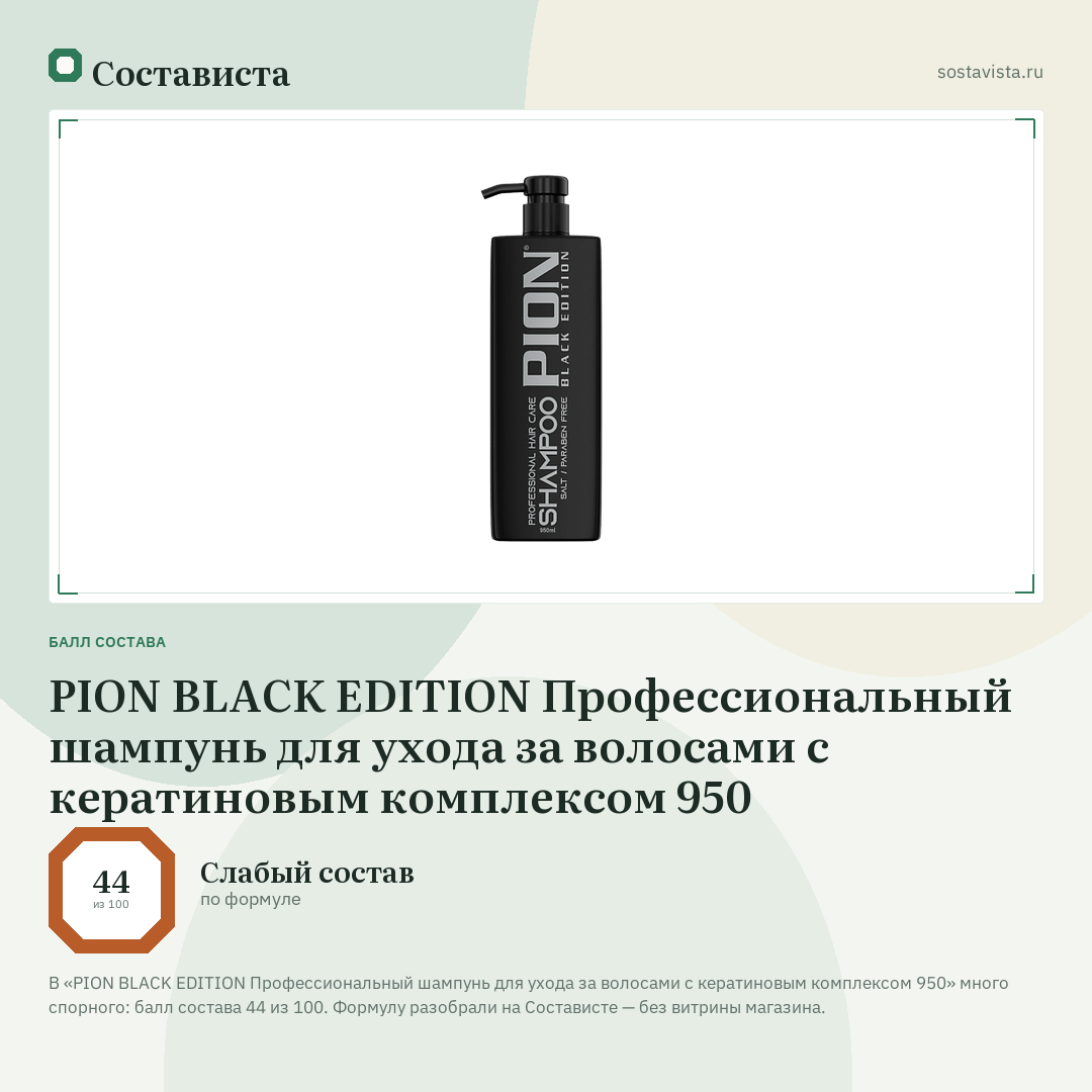 PION BLACK EDITION Профессиональный шампунь для ухода за волосами с кератиновым комплексом 950: балл состава 44 из 100 — Состависта