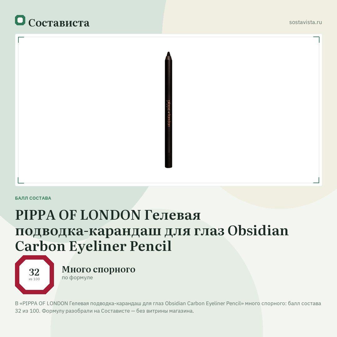 PIPPA OF LONDON Гелевая подводка-карандаш для глаз Obsidian Carbon Eyeliner Pencil: балл состава 32 из 100 — Состависта
