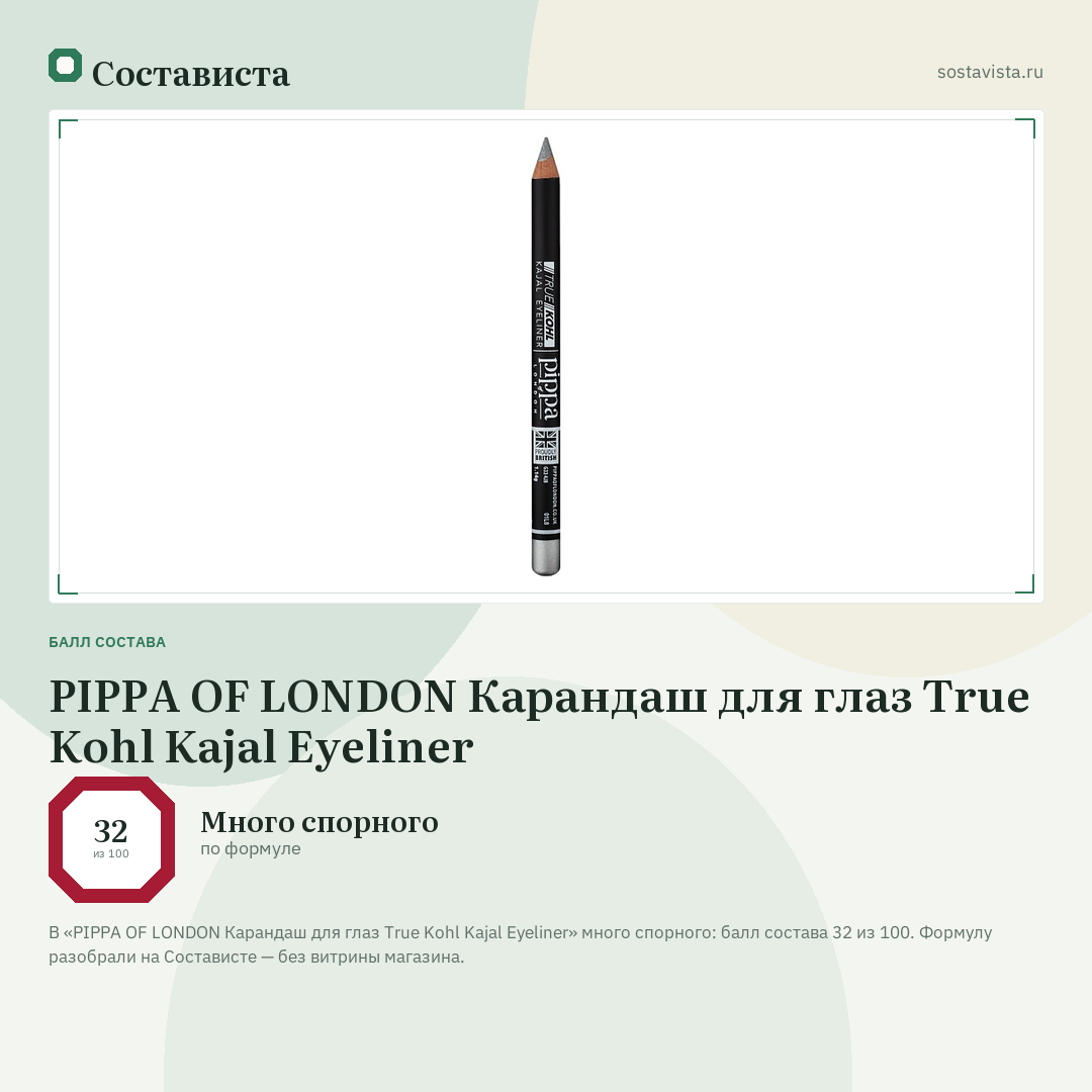 PIPPA OF LONDON Карандаш для глаз True Kohl Kajal Eyeliner: балл состава 32 из 100 — Состависта