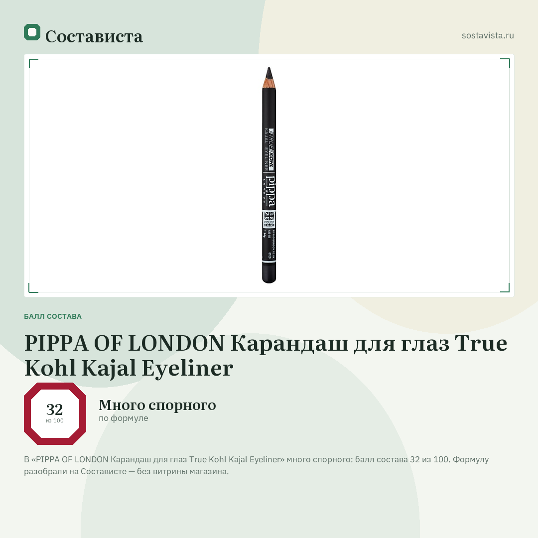 PIPPA OF LONDON Карандаш для глаз True Kohl Kajal Eyeliner: балл состава 32 из 100 — Состависта