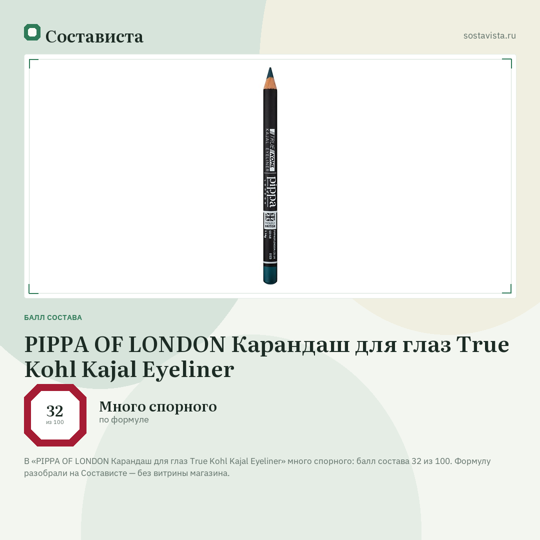 PIPPA OF LONDON Карандаш для глаз True Kohl Kajal Eyeliner: балл состава 32 из 100 — Состависта
