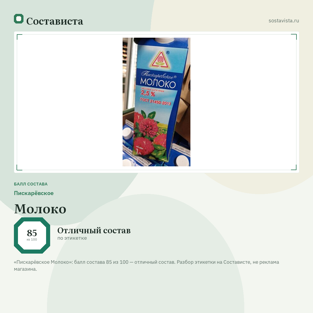 Пискарёвское Молоко: балл состава 85 из 100 — Состависта
