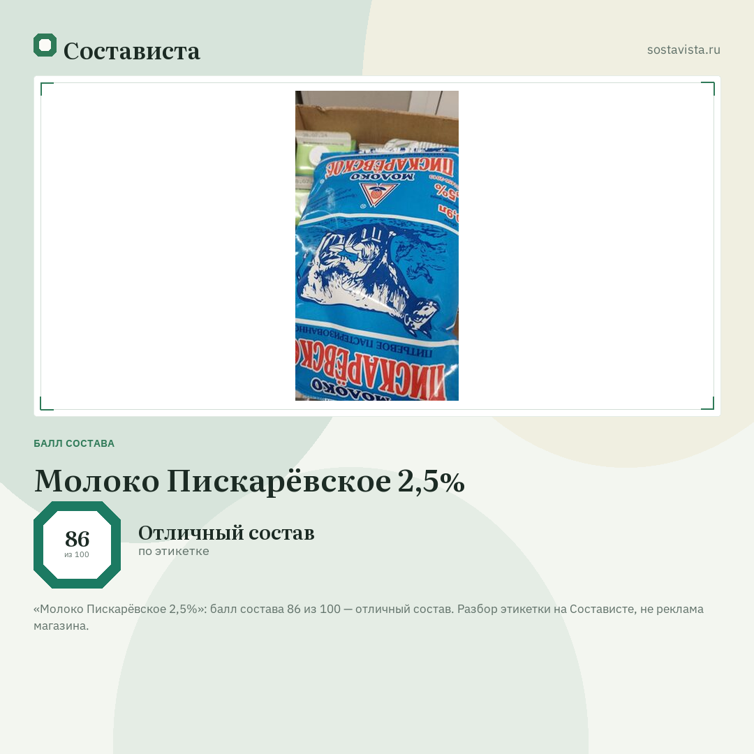 Молоко Пискарёвское 2,5%: балл состава 86 из 100 — Состависта