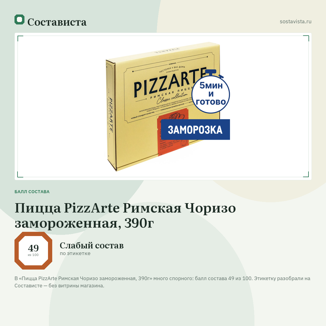 Пицца PizzArte Римская Чоризо замороженная, 390г: балл состава 49 из 100 — Состависта