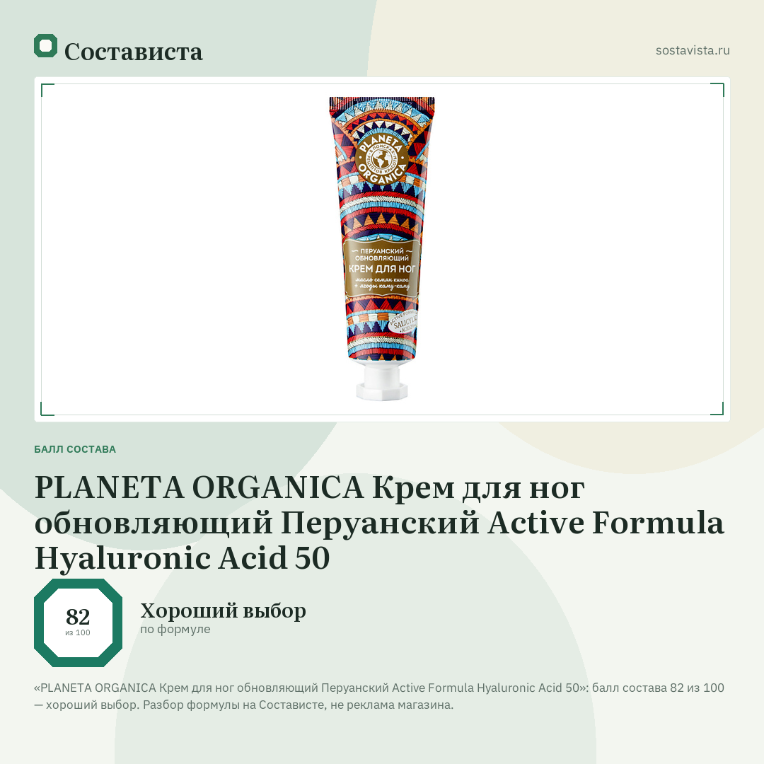 PLANETA ORGANICA Крем для ног обновляющий Перуанский Active Formula Hyaluronic Acid 50: балл состава 82 из 100 — Состависта