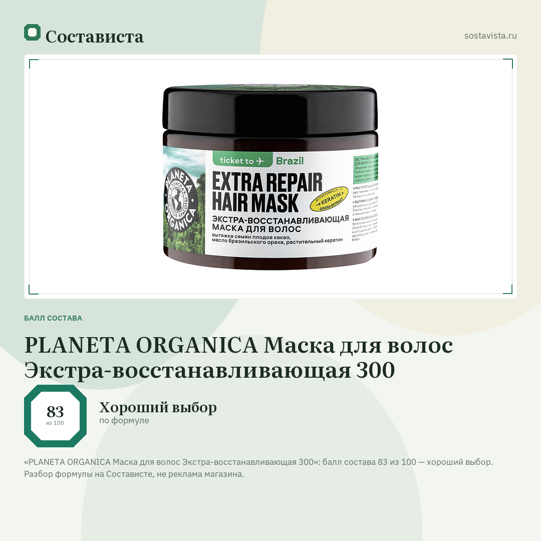 PLANETA ORGANICA Маска для волос Экстра-восстанавливающая 300: балл состава 83 из 100 — Состависта