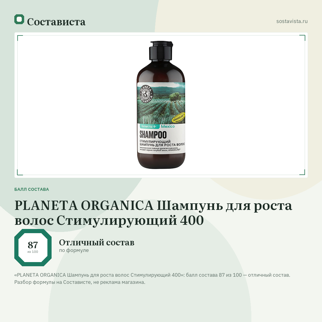 PLANETA ORGANICA Шампунь для роста волос Стимулирующий 400: балл состава 87 из 100 — Состависта