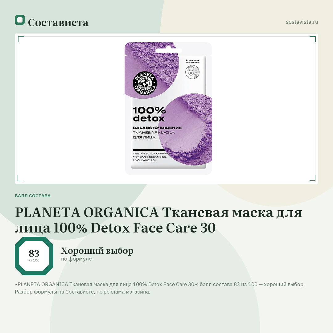 PLANETA ORGANICA Тканевая маска для лица 100% Detox Face Care 30: балл состава 83 из 100 — Состависта