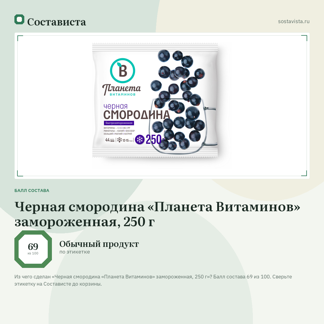 Черная смородина «Планета Витаминов» замороженная, 250 г: балл состава 69 из 100 — Состависта